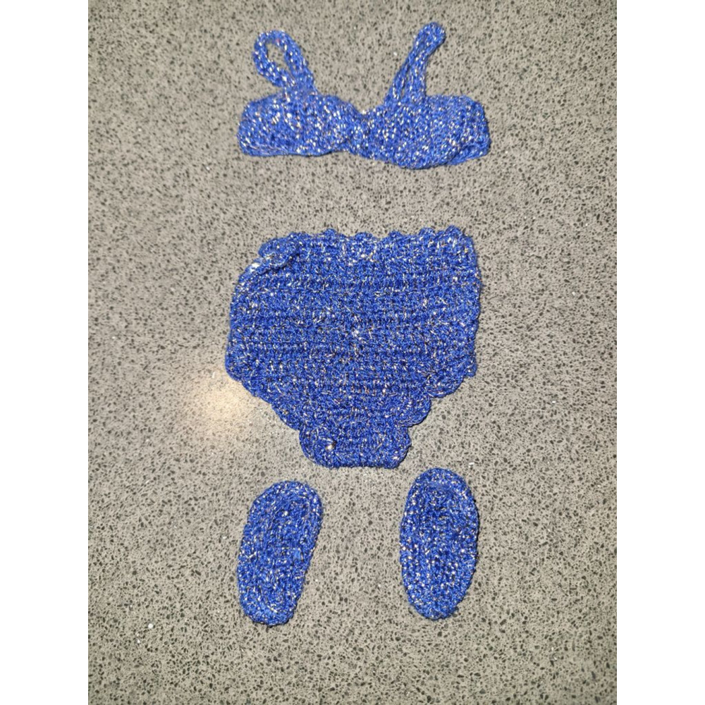 Vintage Blue Knit Doll Swimsuit 14-18 Inch Fashion Doll Bikini Metallic Set